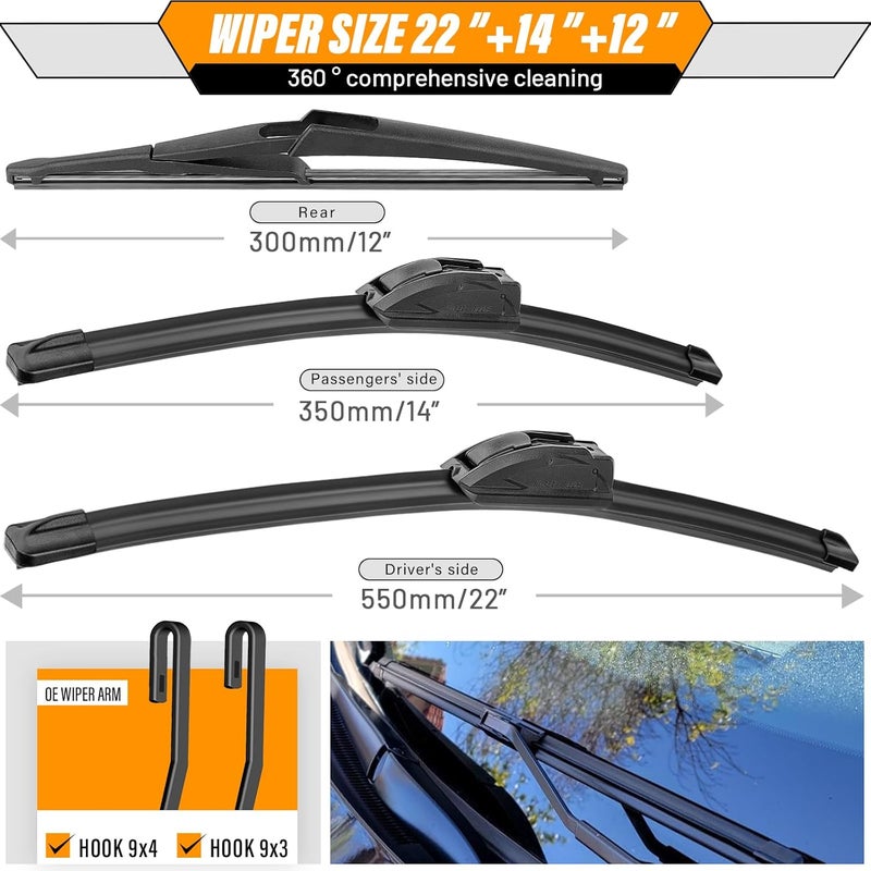 AUTOBOO OEM Windshield Wiper Blade Replacement for Nissan Juke 2011 2012 2013 2014 2015 2016 2017 Original Equipment All-Season Rear Wiper Blade Set 22+14+12 (Set of 3) - Image 3